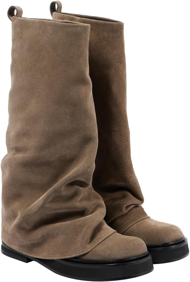 Women Slouchy Knee High Boots Casual Round Toe Pull On Riding Biker Boots Fold Over Chunky Low Heel Platform Boot Khaki Size 7.5