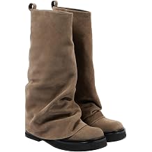 MAVMAX Women Slouchy Knee High Boots Casual Round Toe Pull On Riding Biker Boots Fold Over Chunky Low Heel Platform Boot