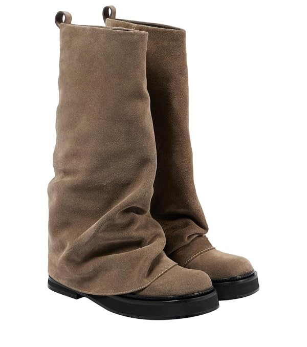 MAVMAX Women Slouchy Knee High Boots Casual Round Toe Pull On Riding Biker Boots Fold Over Chunky Low Heel Platform Boot Khaki Size 9 by MAVMAX - Used condition - US$19.57