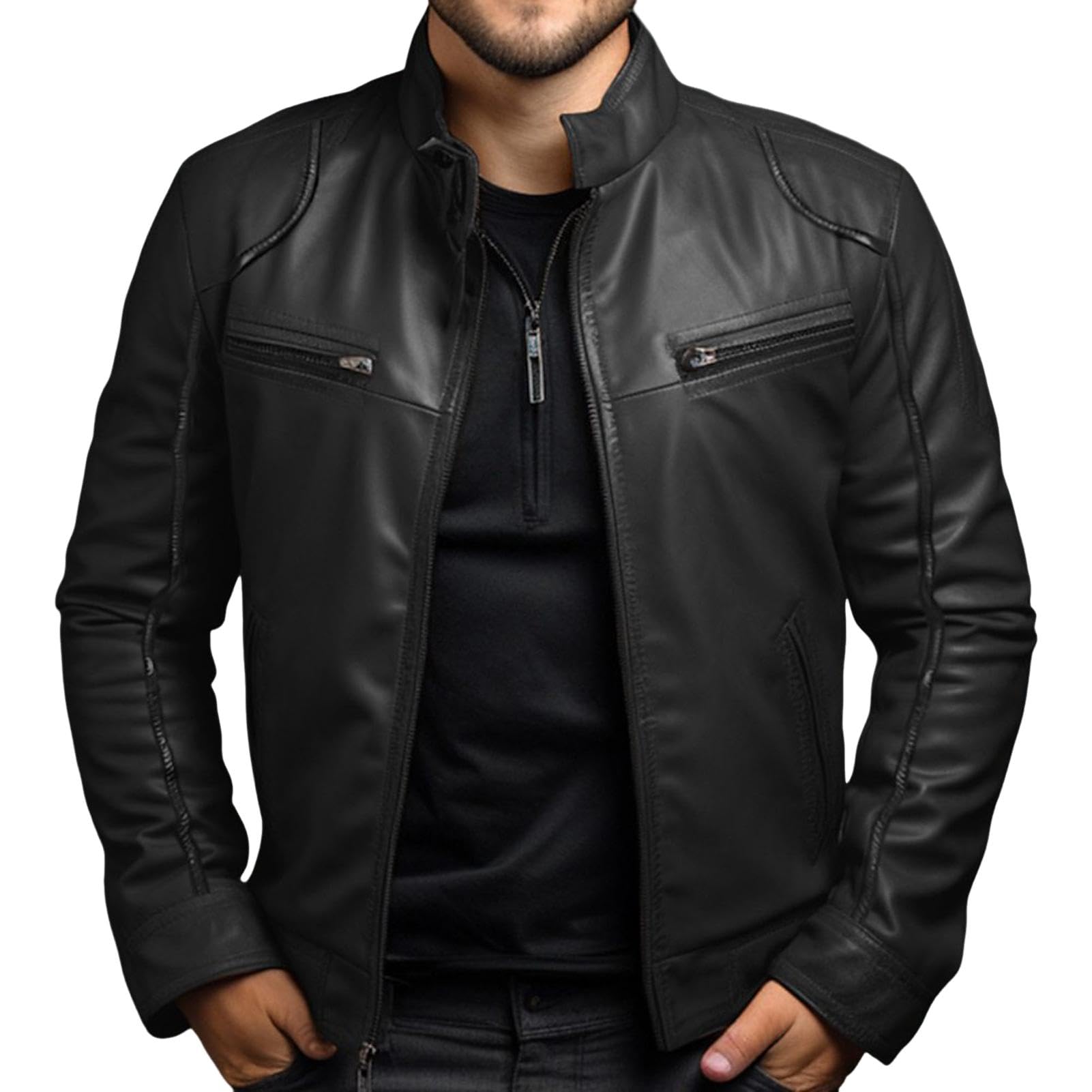 SHINROAD Versatile Men Jacket Hooded Men's Faux Leather
