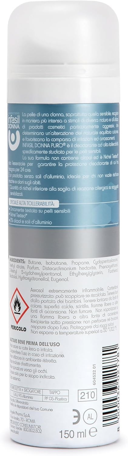 Infasil Donna Puro - 12 deodoranti spray per pelli sensibili, 0% sali di alluminio, senza alcool, nichel testato, protezione 24 ore, 150 ml + portachiavi in omaggio