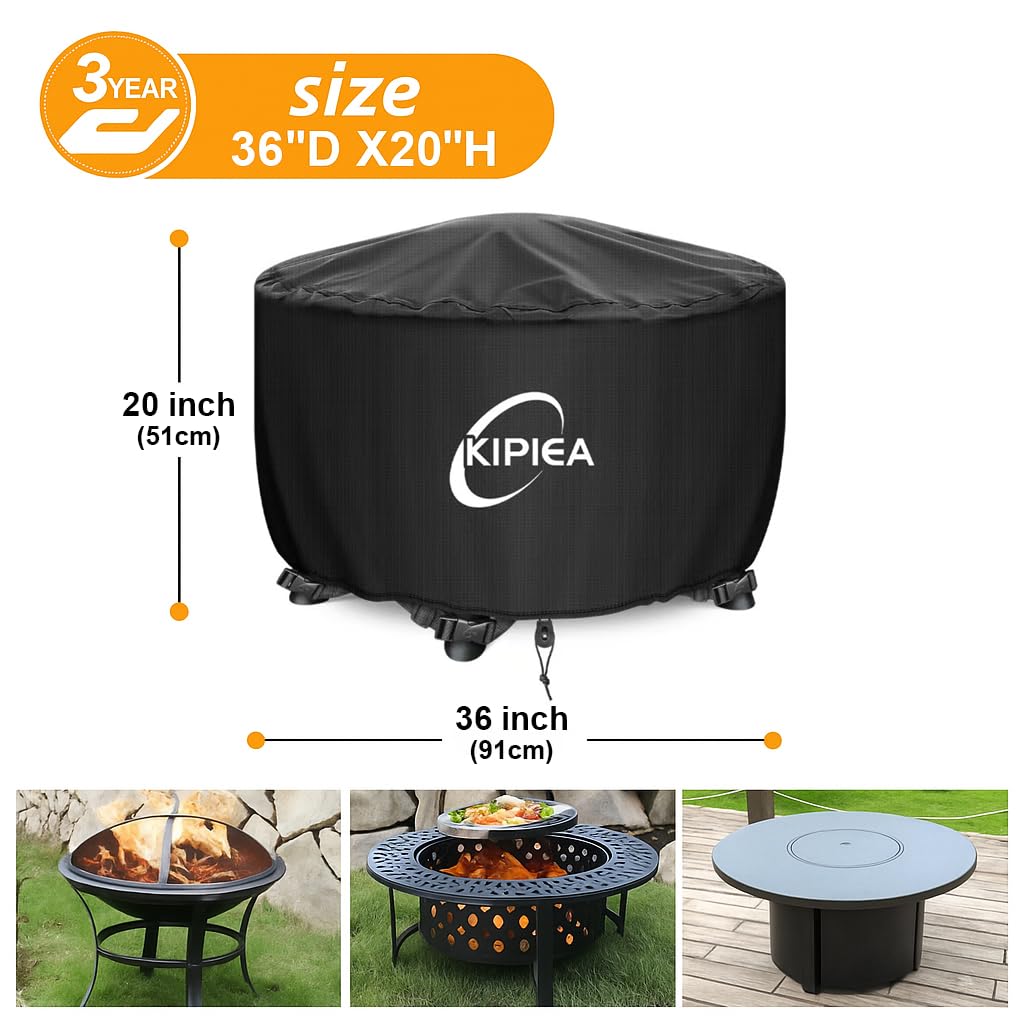 Kipiea Fire Table Cover, Waterproof Round Fire Pit Cover with Anti UV, Fits Outdoor Patio Fire Bowl and No Tears, No Fading - Black (36"D x 20" H) — view 2