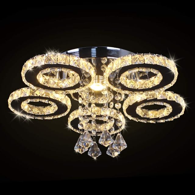 Finktonglan Crystal LED Ceiling Light Flush Mount 5 Rings Stainless Steel Pendant Lamp Modern Chandelier Lighting Fixture for Foyer Living Room Dining Room (Warm White)