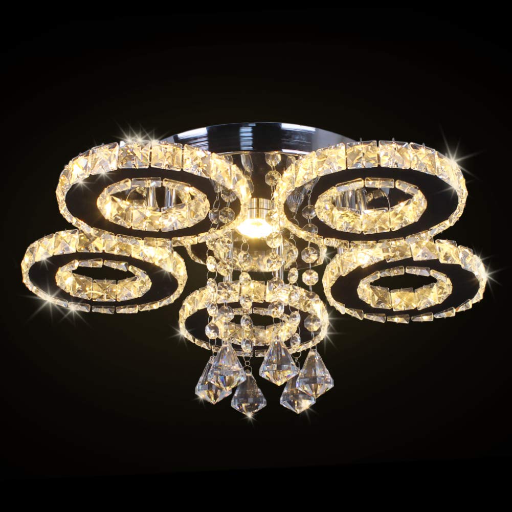 Kristallleuchter Modern Finktonglan Kristall LED Deckenleuchte 5 Ringe Moderne Kronleuchter Edelstahl Pendelleuchte Leuchte Für Foyer Wohnzimmer Esszimmer Schlafzimmer (Kaltes Weiß Kristallleuchter Decke