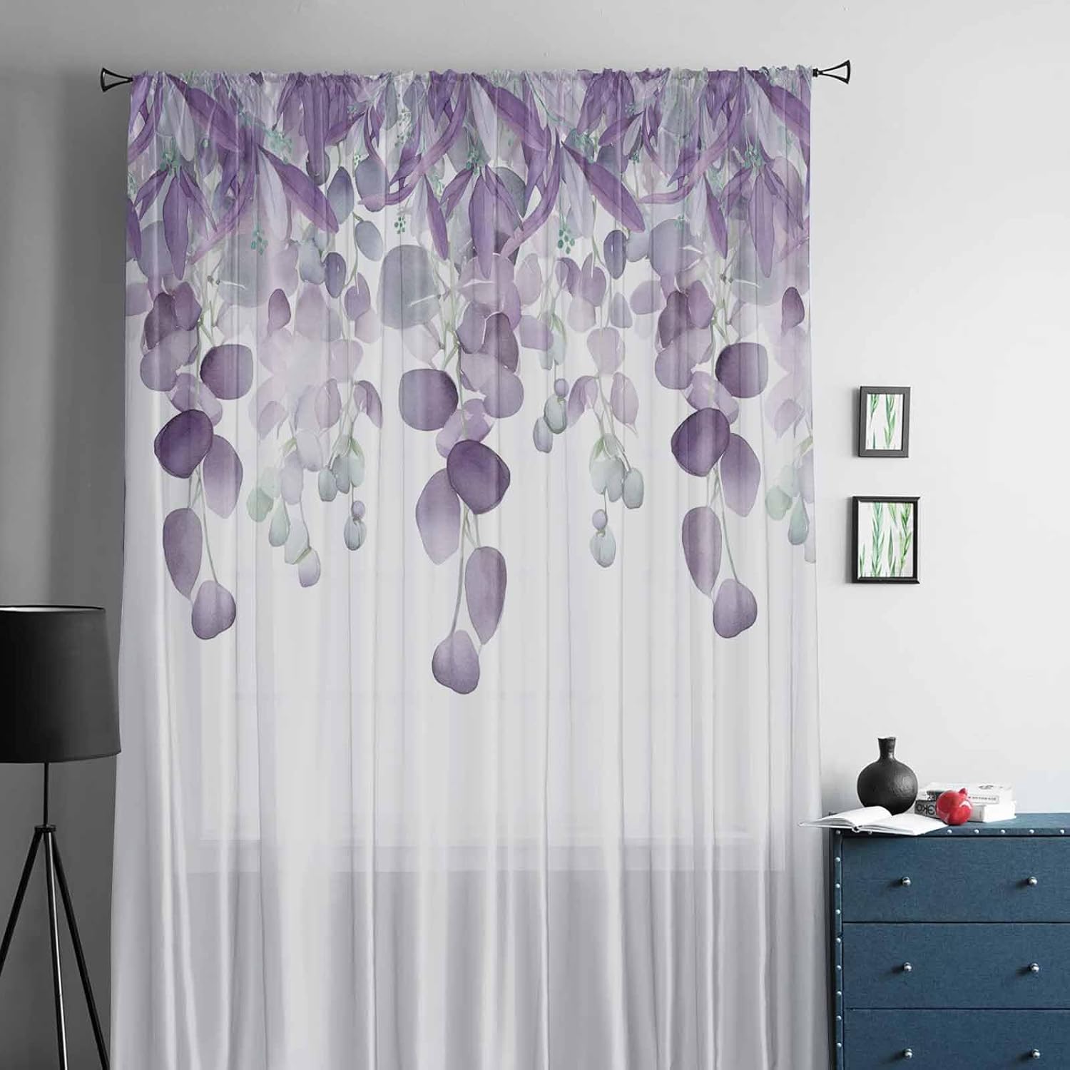 Eucalyptus Window Curtains 96 Inches Long,Semi Sheer Rod Pocket Chiffon Curtains & Drapes Drapery Voile Window Treatment for Living Room/Bedroom,Purple Blooms Botany Spring Summer Aesthetic Leaves