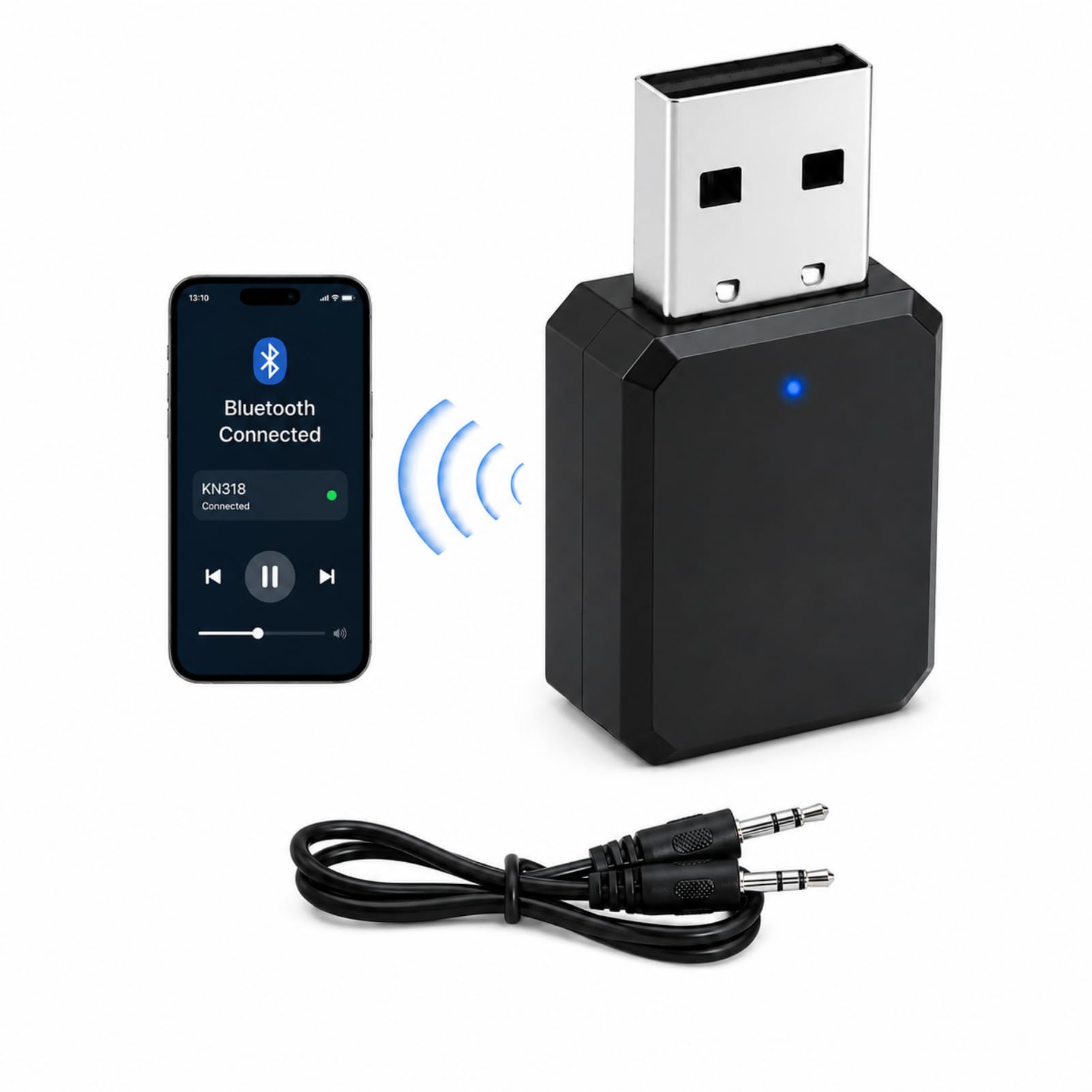 Adaptador USB Bluetooth 5.1 para Coche con Salida AUX y USB Receptor | Bluetooth Plug and Play Con Cable de Audio de 3,5 Mm para Llamadas Manos Libres Música y Navegación y Transmisión de TV