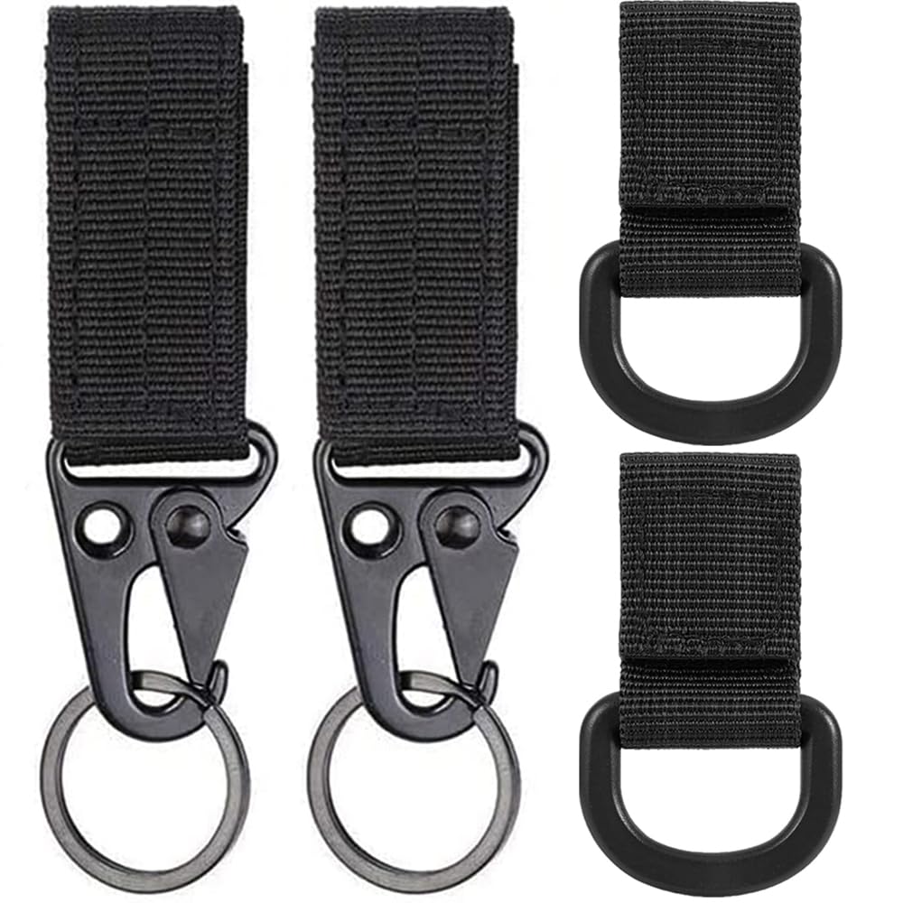 Imeisuit Tactical Key Clip - Molle Webbing Backpack Vest Belt Accessory D Shape Ring Molle Clip Buckle Nylon Keychain Holder (2 Key Clip+2 D Shape Ring(Black))