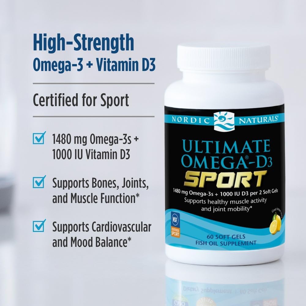 Nordic Naturals Ultimate Omega-D3 Sport, Lemon - 60 Soft Gels - 1480 mg Omega-3 + 1000 IU Vitamin D3 - NSF Certified - Supports Muscle, Bones, Focus & Endurance - 30 Servings