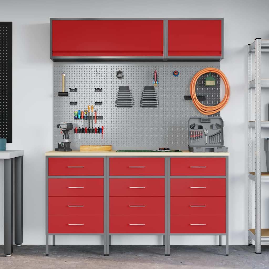 Zestaw szafek roboczych z szufladami w kolorze czerwonym ze stali malowanej proszkowo i materiału drewnopochodnego 150 x 55 x 200 cm 8-częściowy ze stołem warsztatowym, szafka na narzędzia
