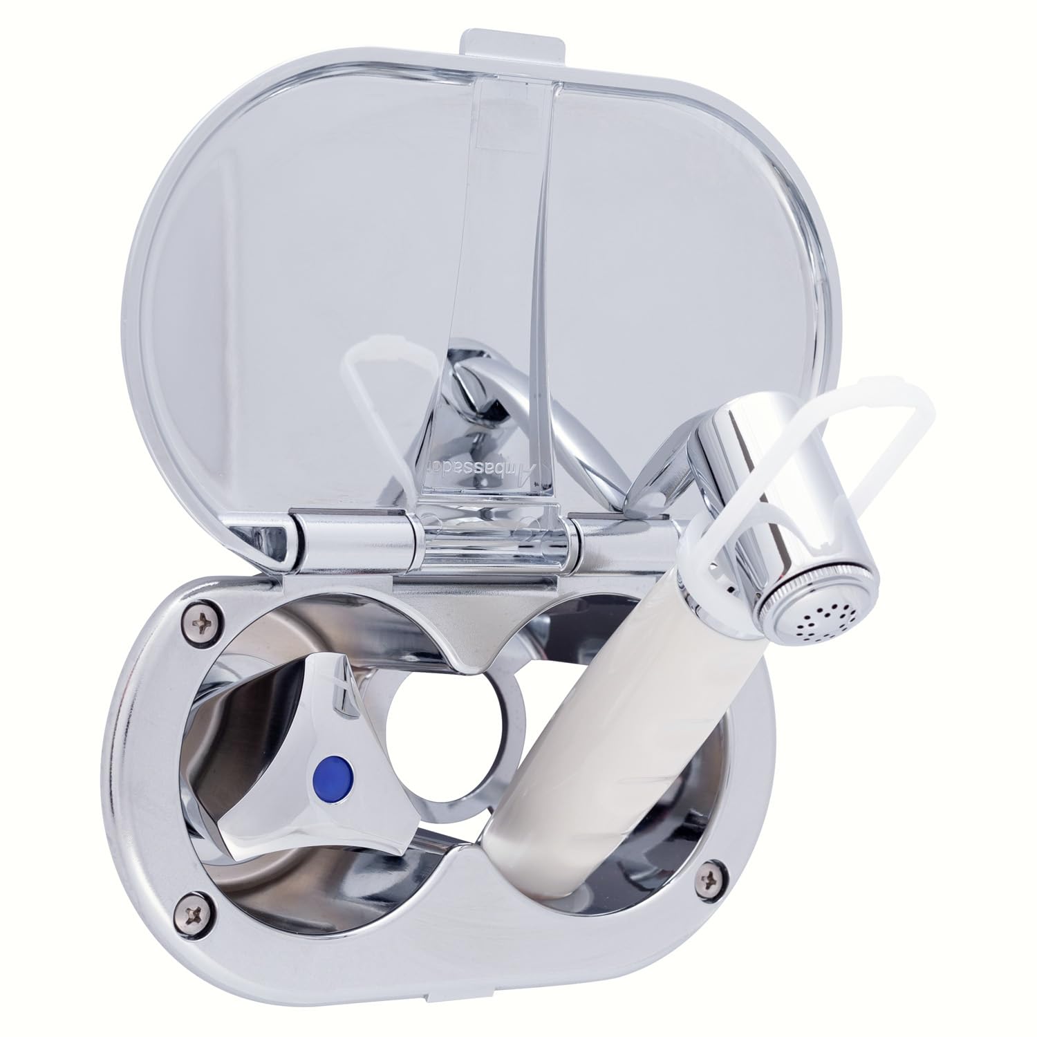 Ambassador Marine Trinidad- Transom Shower (Cold Only), Chrome Cup & Lid, Hammer-Head Warm White Sprayer, 10' White Rubber Hose, Chrome Trinidad Handle - 136-0214-CW-W