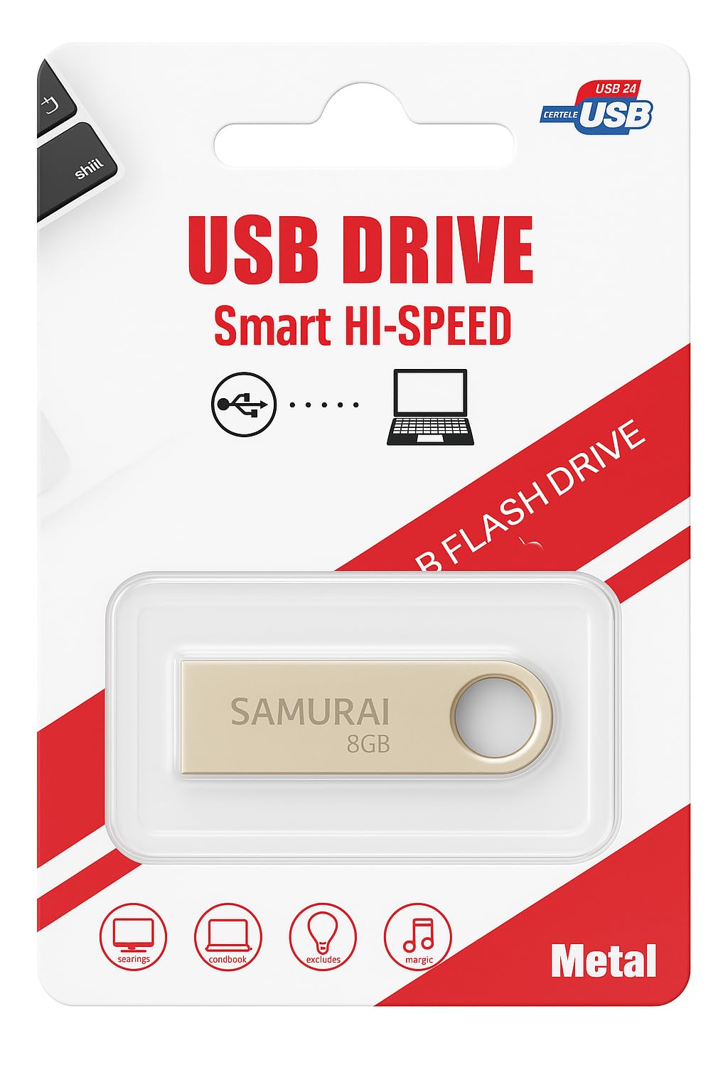 Samurai 8GB Metal USB Flash Drive, Portable Keyring Design, Silver Aluminium