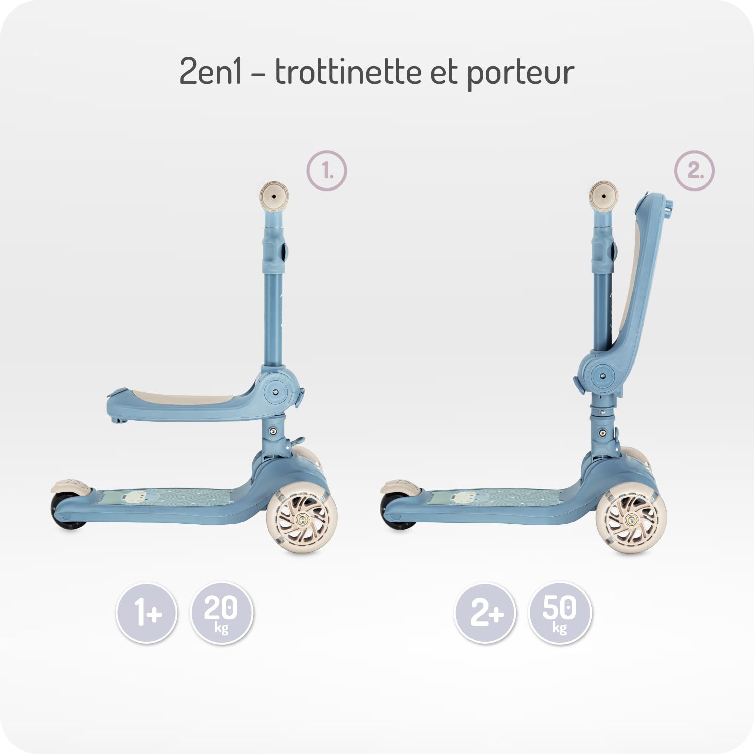 MoMi Debe Trottinette pour Enfants à partir de 1 an jusqu'à 50 kg - Trottinette 2 en 1 avec siège Pliable - Trottinette pour Enfant avec 2 hauteurs réglables - Trottinette Pliable pour intérieur et