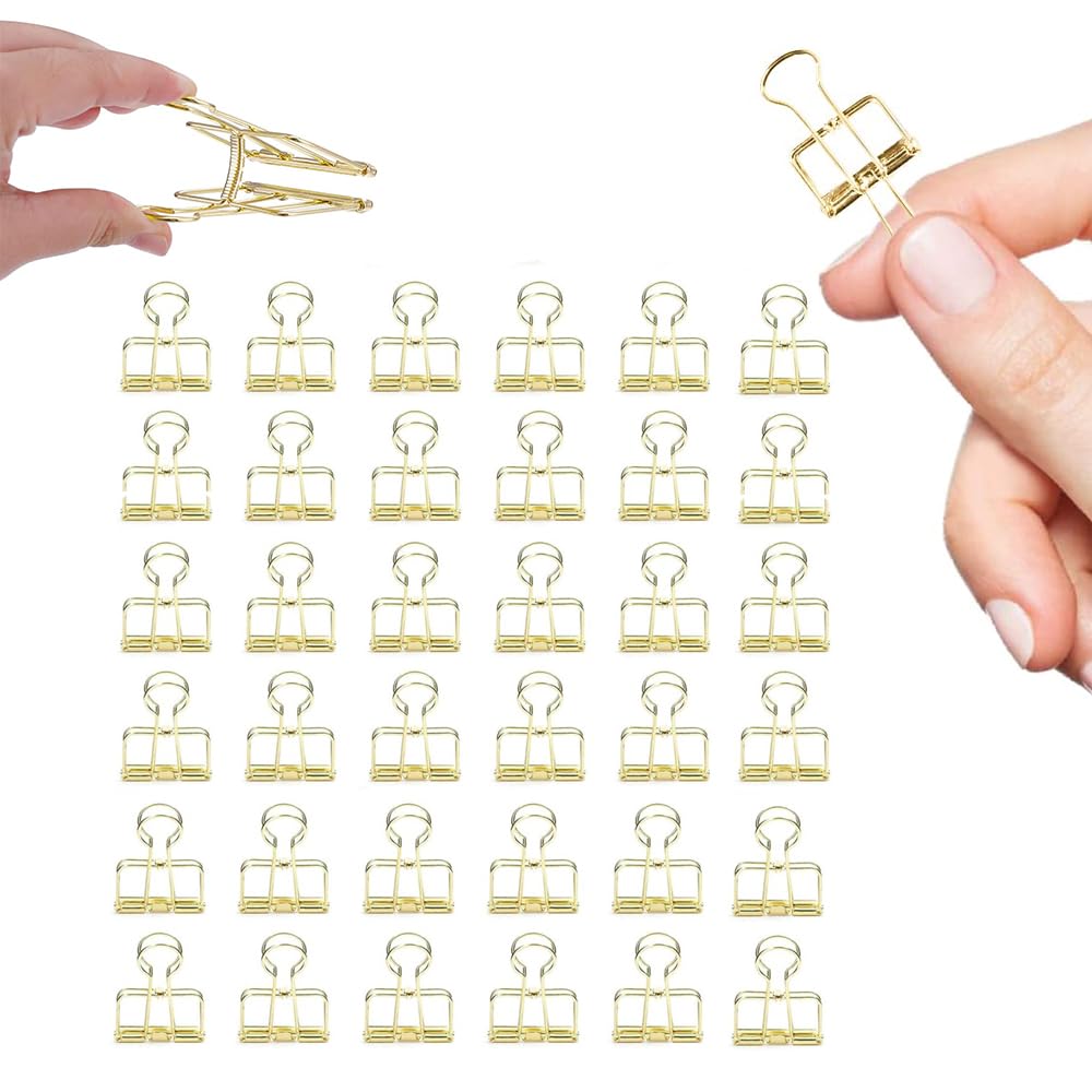 Small Binder Clips, 36 Pack, 3/4 Inch, Standard 19mm, Hollow Out Gold, Capacity 0.31 Inch, Fold Clamp, Wire Clip, Paper Clips, Office Clips, School &