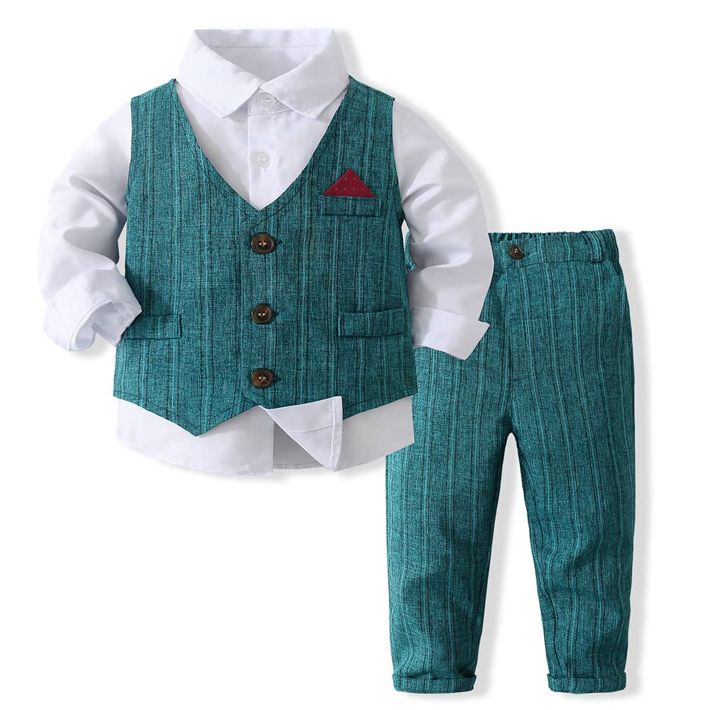 Baby Boys Gentleman 3Pcs Clothing Set Bowtie Blue Suits Long Sleeve +Vest+Pants