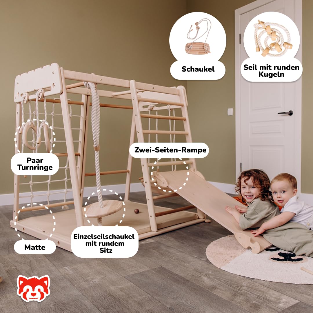 WoodandHearts Jungle Gym, Holzkletterer, Spielbereich: Schaukelrampe, Kletterseil, Klettergerüst, Turnringe, Kinderschaukel, Spielmatte in Beige