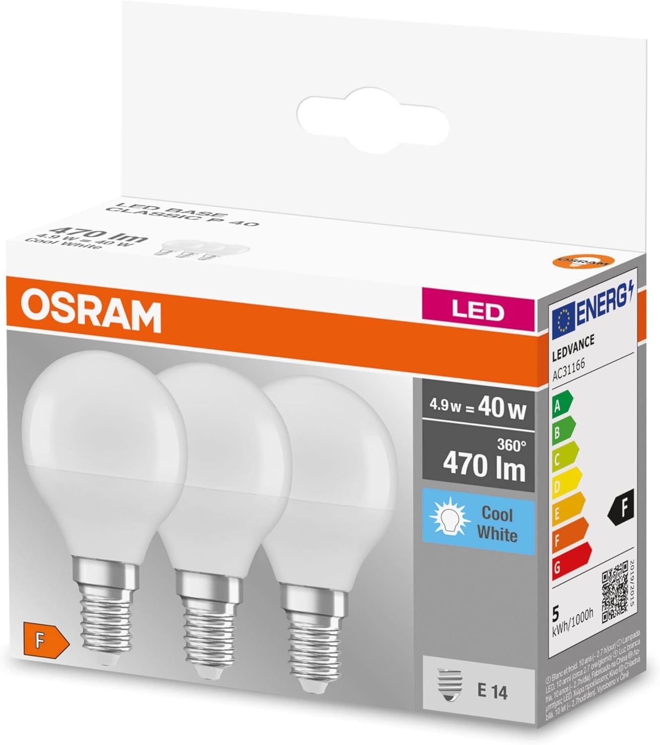 OSRAM LED BASE Classic P40, frosted filament LED lamps in glass for E14 base, candle shape, warm white (2700K), 470 lumen, replaces conventional 40W bulbs, box of 3
