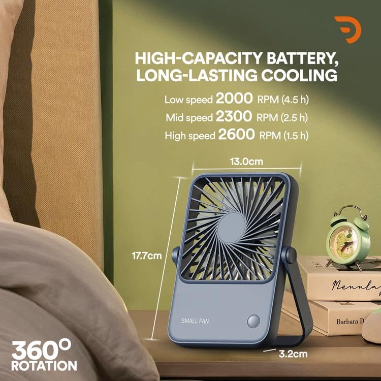 Image of Dravina Portable Desk Fan Battery Operated - 3000mAh, Foldable, 3 Speed Modes Strong Airflow, Small Personal Fan with 180 Adjustable Tilt Angle, Quiet Cooling Fan for Home, Office, Dorm