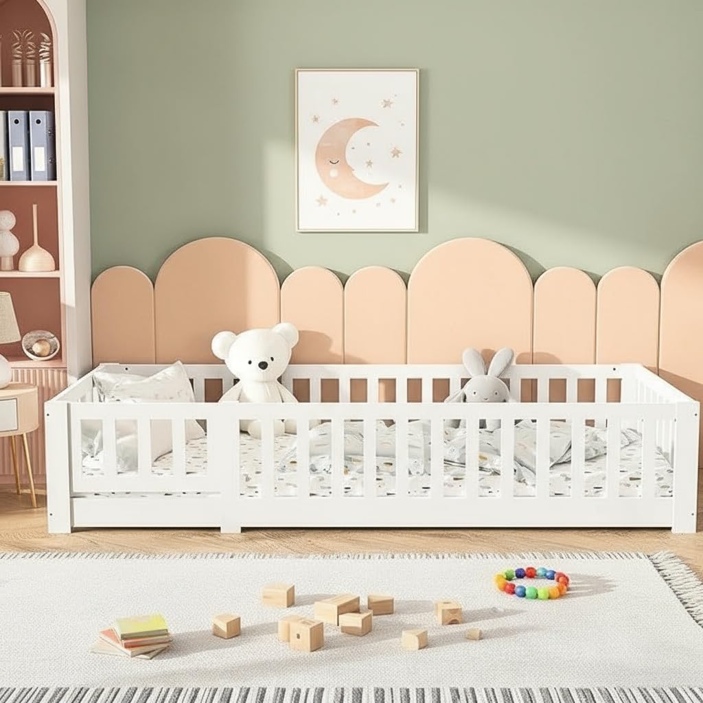 Łóżko piętrowe dla dzieci, łóżko Montessori z litego drewna sosnowego z ochroną przed upadkiem i stelażem listwowym, łóżeczko dziecięce, łóżko z kratkami dla chłopców i dziewcząt (białe A, 90 x 200 cm