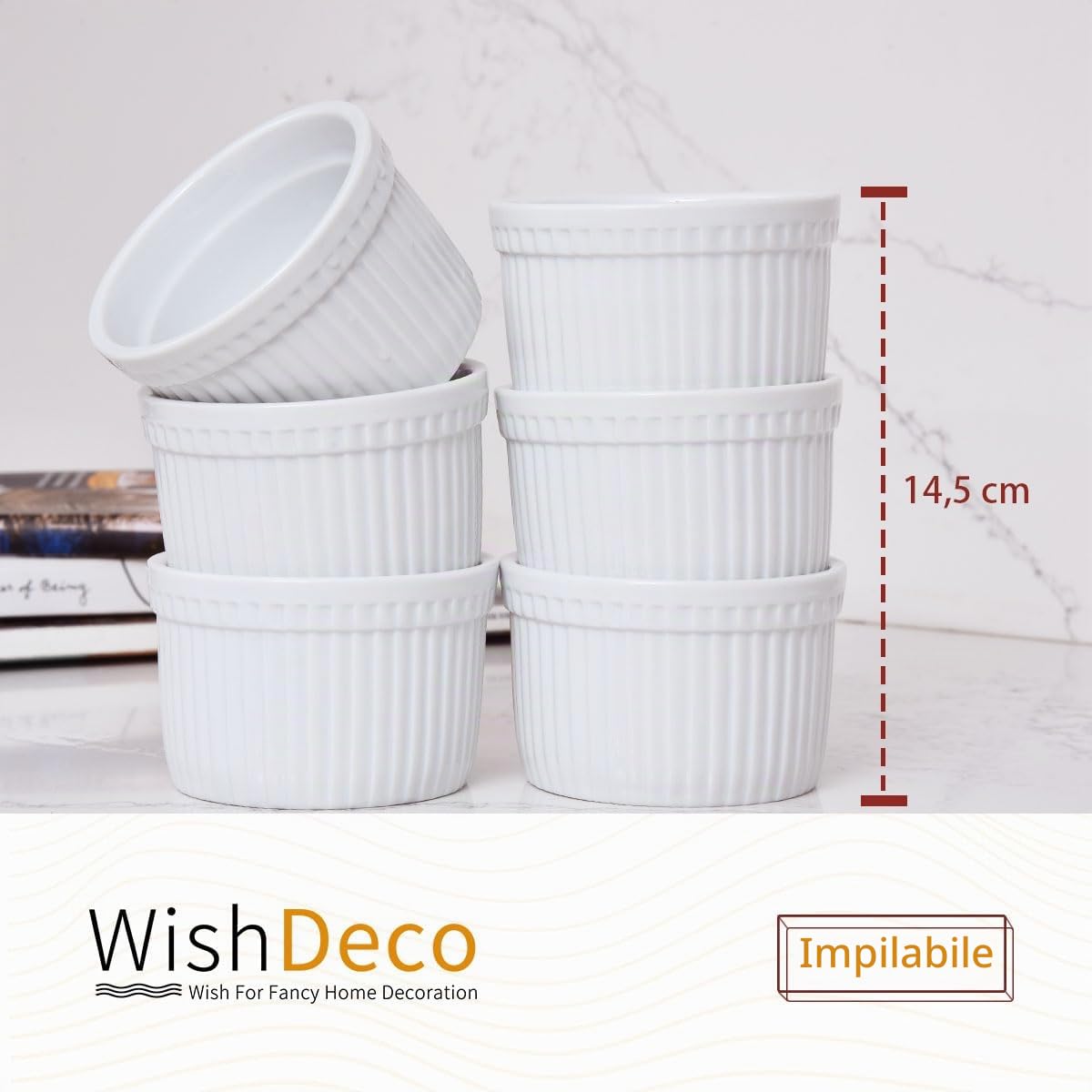 WishDeco Set di 6 Pirottini Ceramica, 200 ml Stampi per Soufflè, Cocotte Forno, Mini Pirottini Creme Brulee, Piccole Ciotole Bianche per Salse, Crema, Aperitivo
