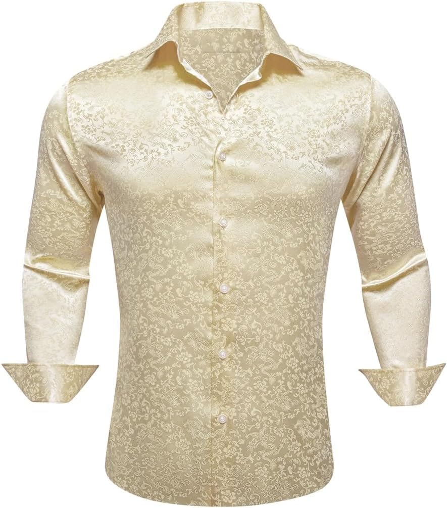 Men Silk Satin Long Sleeve Gold Yellow Flower Male Blouses Casual Lapel Tops Breathable