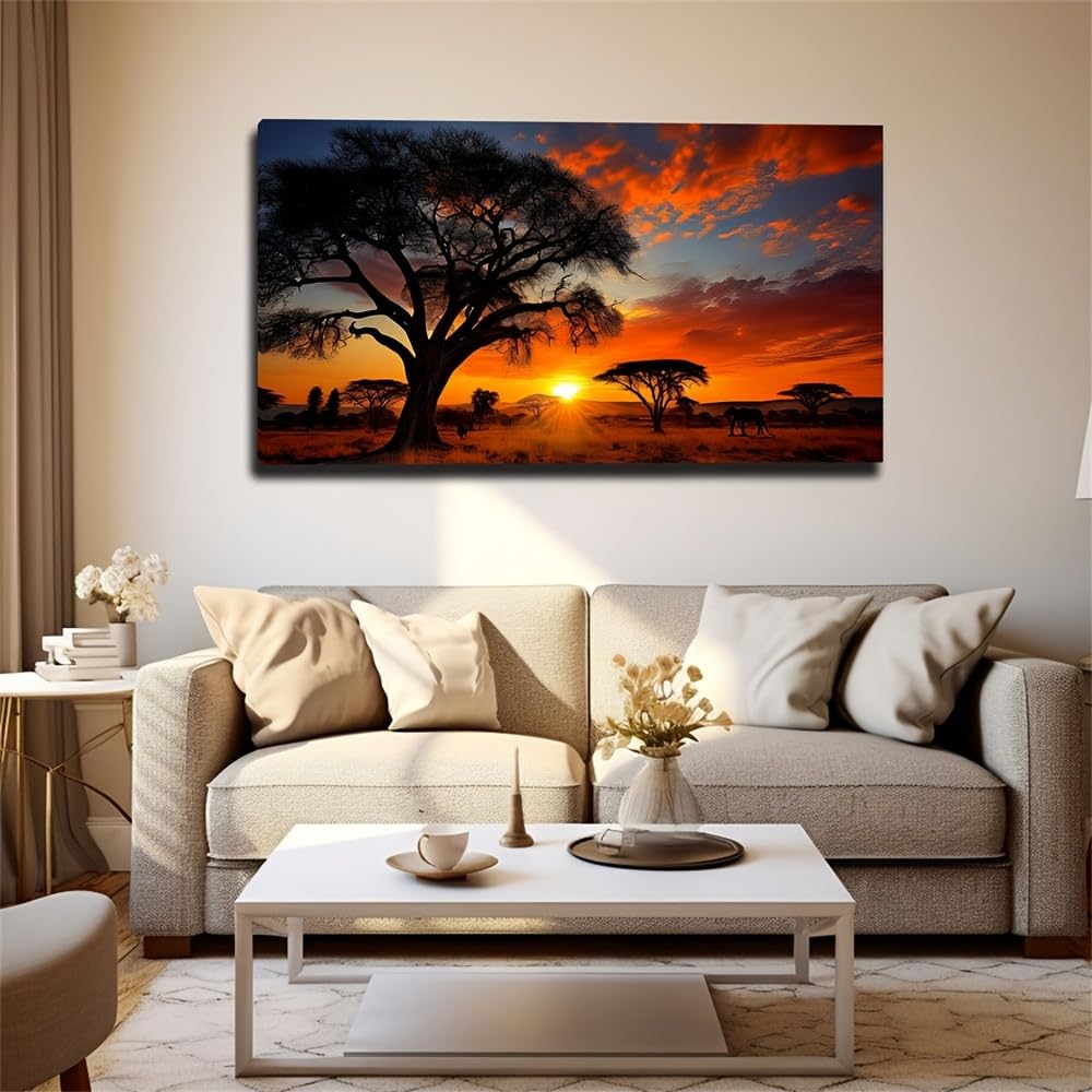 Egjepwfh No Frame Large Canvas Art Print - Vibrant African Savannah Sunset With Acacia Tree, Modern Bohemian Wall Decor(55X110cm/No Frame)