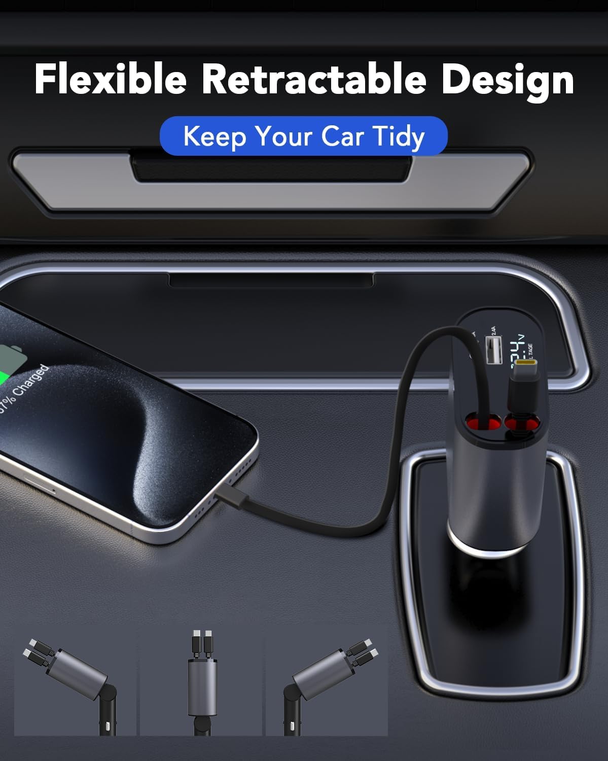 Aiskooc 4-in-1 Autolader Met Intrekbare Kabel, 120W, 100W PD, Voor IPhone 15/14/13 En Galaxy, 12-24V 1 miniatura