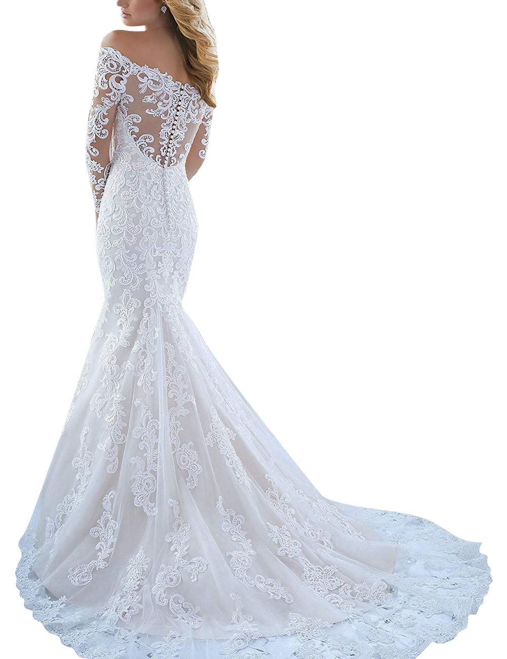 Abiti da Sera off Shoulder Manica Lunga Bridal Fashion Fishtail off Shoulder, Bianco, 56