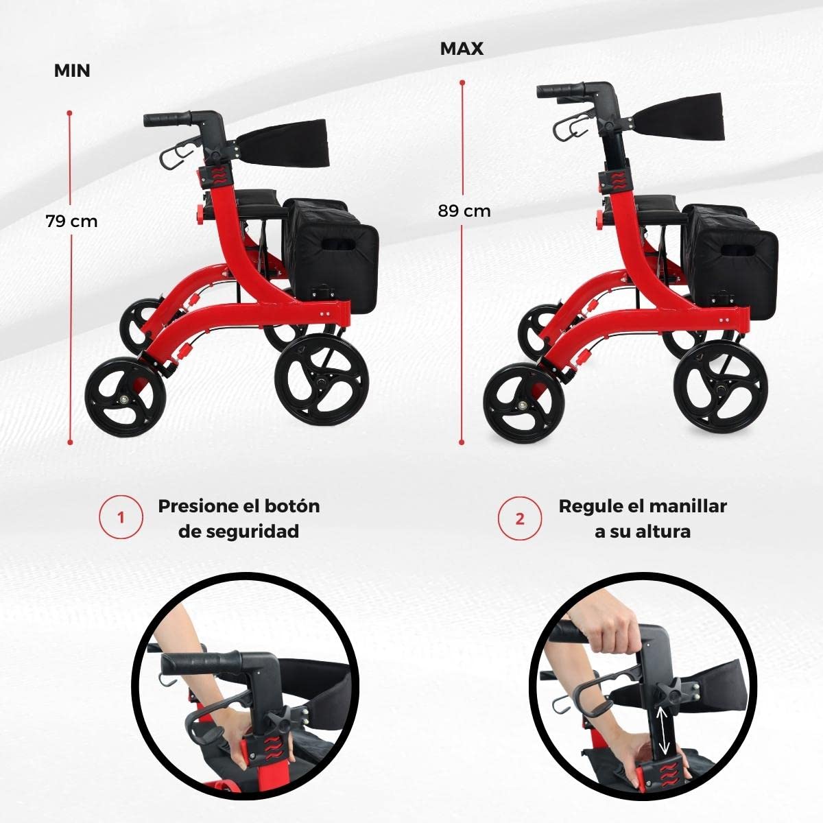 Mobiclinic® pro, Andador para ancianos, Plegado con una sola mano, Ruedas grandes, Doble sistema de frenado, Invicto, Todoterreno, Cesta amplia, Asiento y respaldo acolchados, Altura regulable