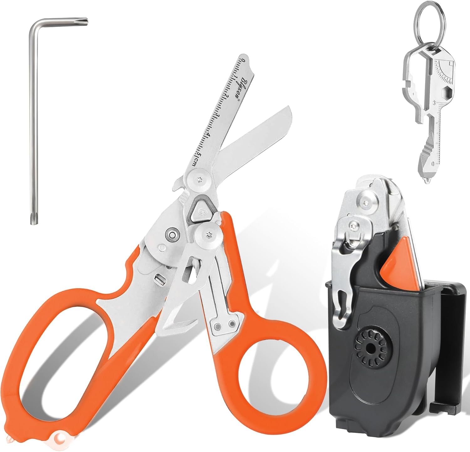 Blyxon 6 In1 Multifunction Emergency Response Shears, Tactical Folding Trauma Shears, Outdoor Camping Rescue Scissors Tools with Utility Holster (Orange)