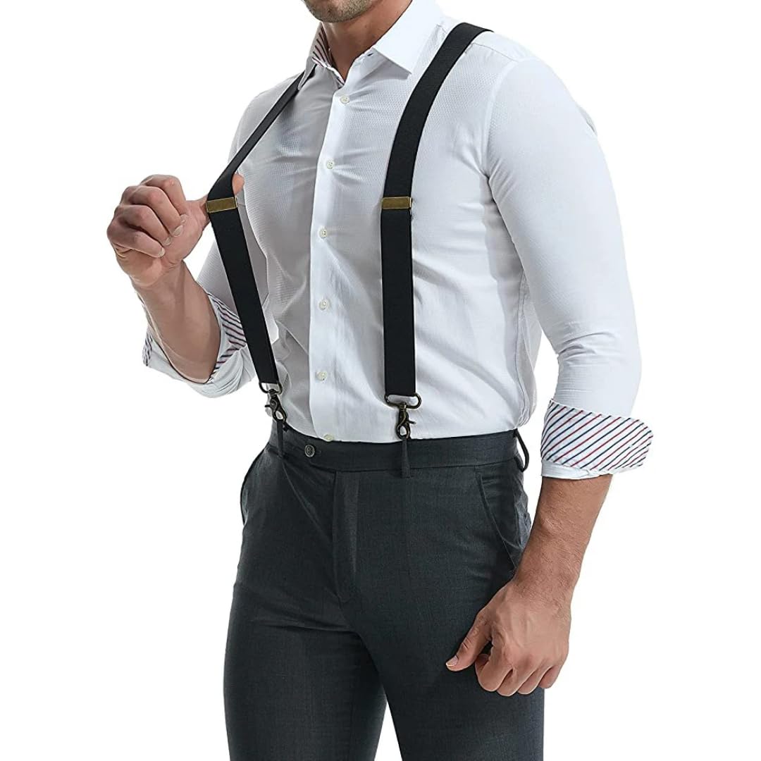Bretelle Suspender Vintage per Uomini Funzionano Robuste Grande Altezza Larga 3,5 Cm A Forma di X 4 Ganci A Bottone in Bronzo Tutori Elastici Regolabili