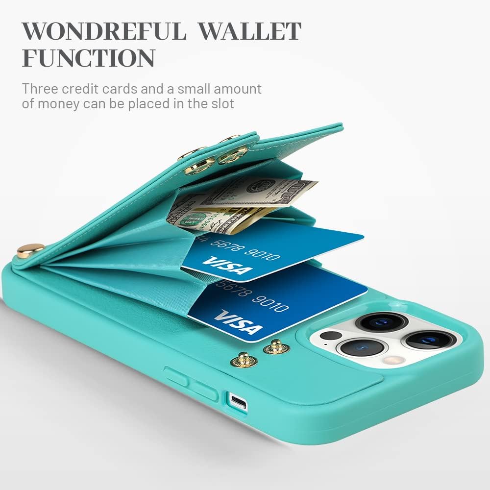 LAMEEKU Wallet Case Compatible with iPhone 12 Pro Max, Case with Card Holder Leather Cover 360°Rotation Ring Kickstand Protective Bumper Designed for iPhone 12 pro Max 6.7'' Mint Green