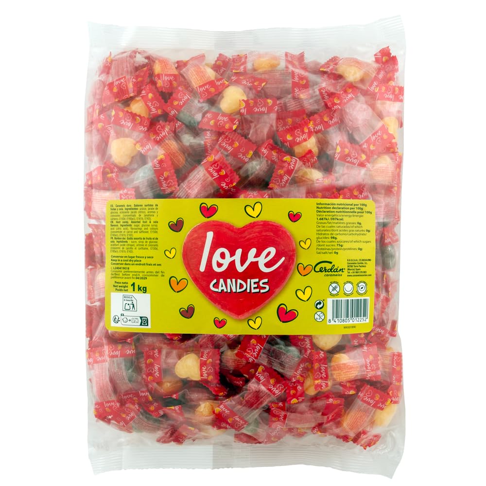 Caramelos Cerdán Caramelos con Forma de Corazón Love 333 Uds Bolsa 1Kg Sabores Surtidos Sin Gluten