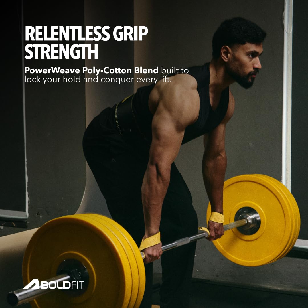 Boldfit Weight Lifting Straps Wrist Supporter for Gym Training, Deadlift Grip Heavy Workout Accessory for Men & Women, Strength Training Weightlifting Strap - 1 Pair - ProGrip Yellow