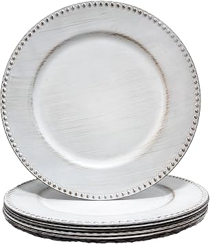 White Charger Plates with Beaded Rim, 13" Vintage Round Charger for Dinner Plates, Set of 6 Plastic Plate Chargers for Wedding Table Setting,Party Decoration.