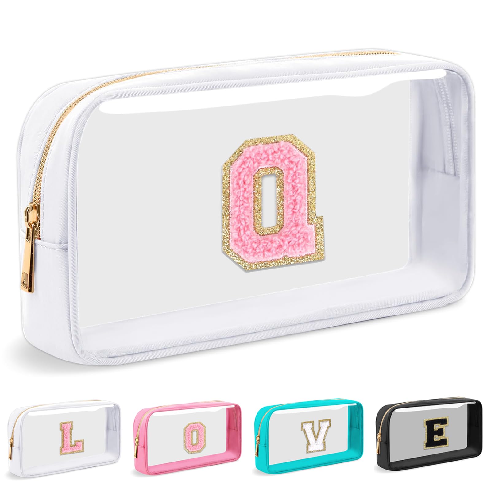Cosmetic Bags Clear Makeup Bag Organizer Travel Essentials Gifts for Women Girlfriend Teen Mom Teacher Brithday Mothers Day Gifts A-Z Personalized Bag (Q