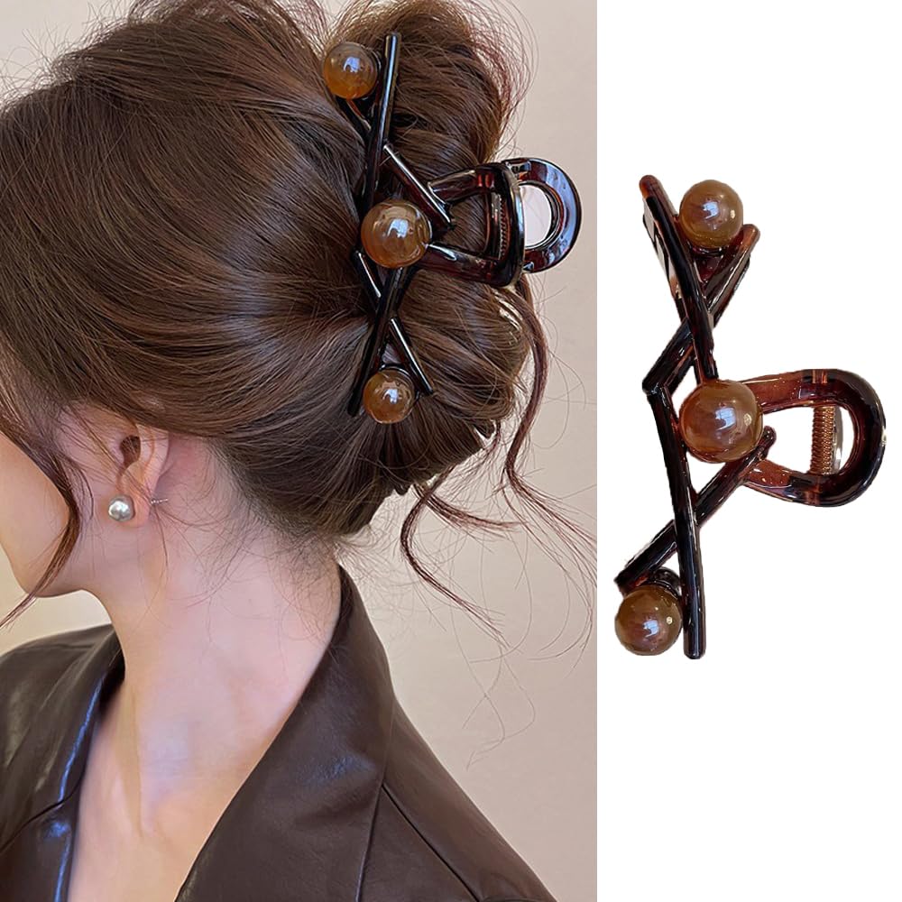 1PCS Pearl Hair Claw Clips Elegant Acrylic Hair Clips Nonslip Brown Hair Jaw Clip with Brown Smudge Pearls Design Strong Hold Hair Accessories Elegant Clamp Clips for Thick or Thin Hair Styling Decor