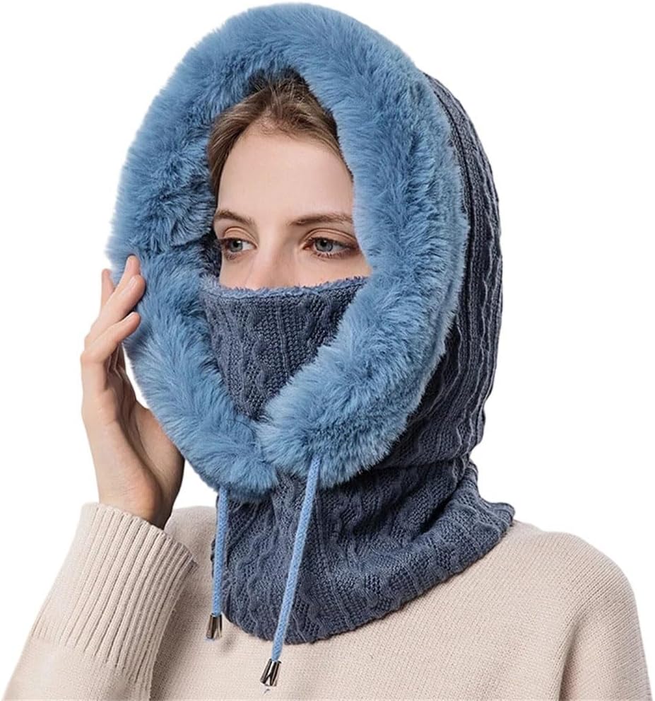 Women Knitted Blend Balaclava Style Hat Thick Plush Warm Beanie Hooded Design