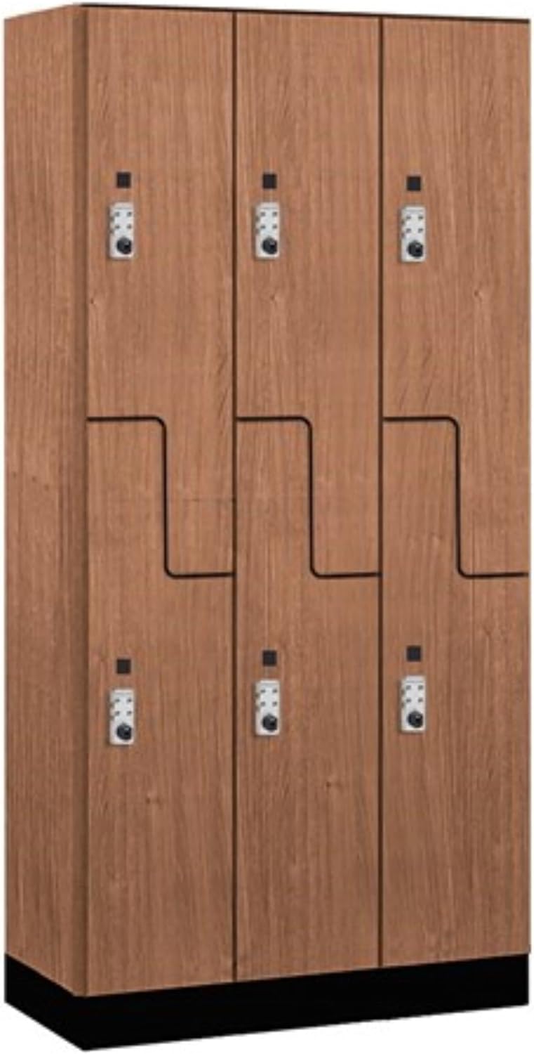 Salsbury Industries 12" Wide Premier Wood Locker-Double Tier 'S' Style-3 Wide-6 Feet High-21 Deep-Red Oak-Silver Resettable Combination Locks