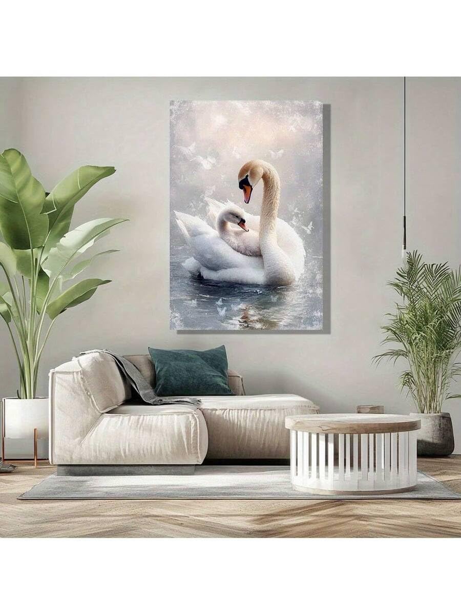 lianyibo Plakat ścienny na płótnie z eleganckim łabędziem i ciekawskim małym, dekoracja biura, sypialni, kuchni lub salonu (50 x 70 cm, bez ramki).