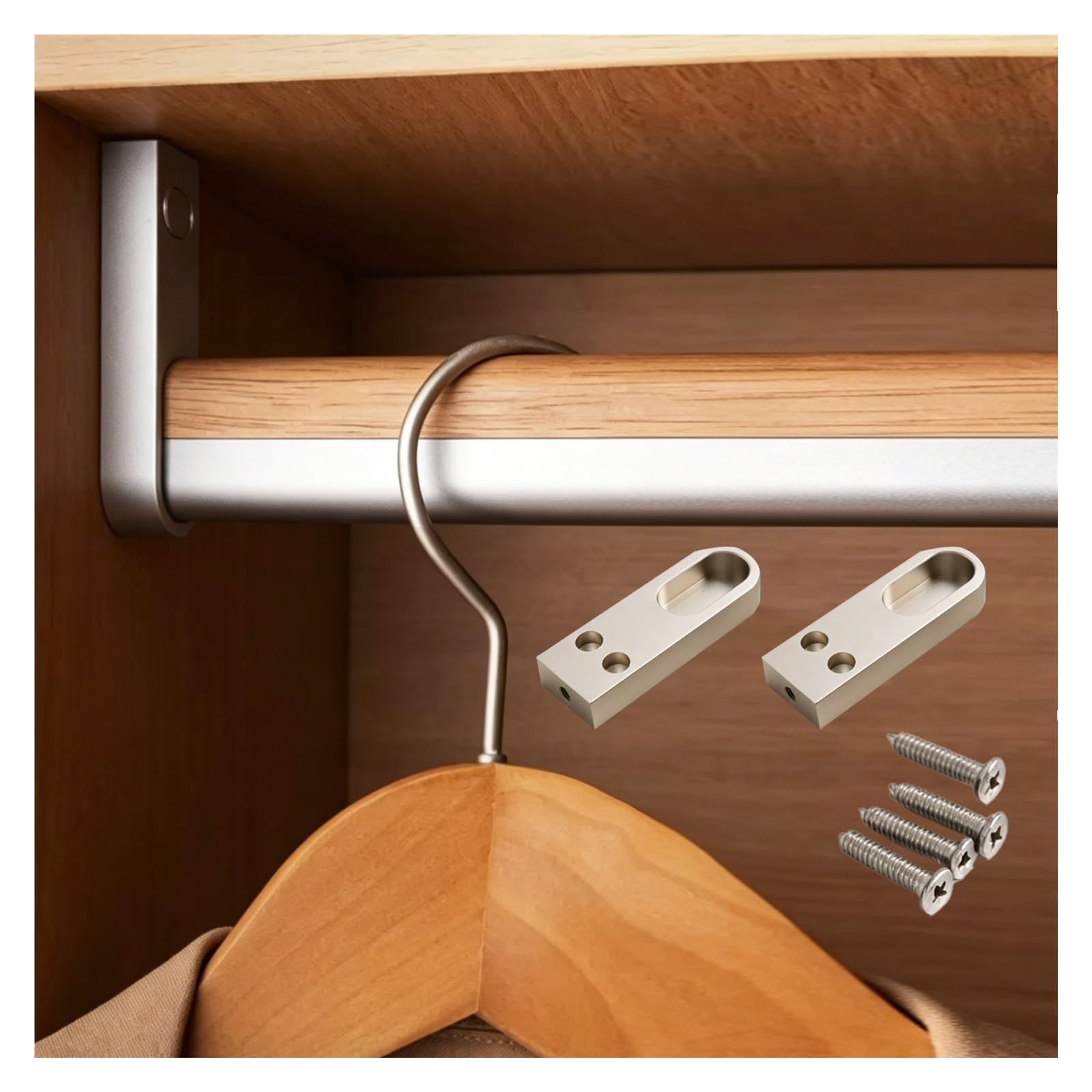 No Rust Closet Rods Custom, Wooden & Aluminum Clothes Hanging Bar for Boutique/Cupboard/Apartment, Detachable Heavy Duty Wardrobe Rod with End Supports(Silver,L 63"/160cm)