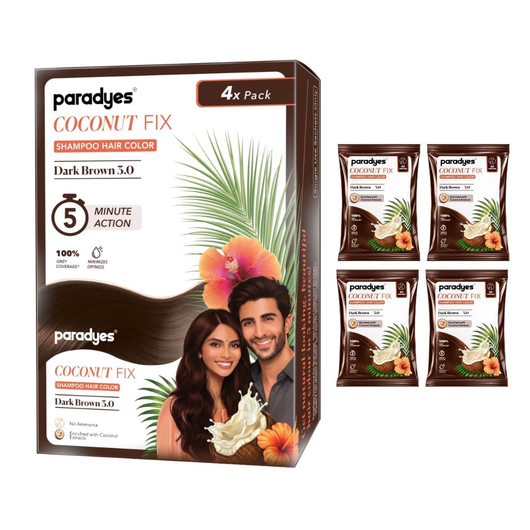 Paradyes Coconut Fix Shampoo Hair Color Dark Brown 3.0, No Ammonia, Enriched with Coconut Extracts to Minimizes Dryness, 5 - Minute Grey Coverage, Pack of 4