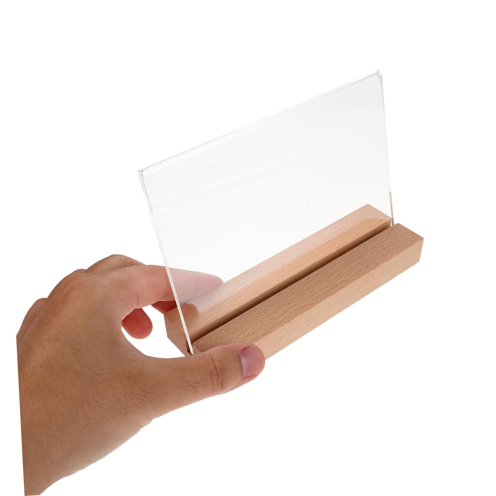Abaodam Soporte para Letrero de Mesa Horizontal A6 5 Piezas con Base de Madera Natural y Acrílico Transparente para Menús, Porta Carteles y Exhibidores en Restaurantes y Oficinas