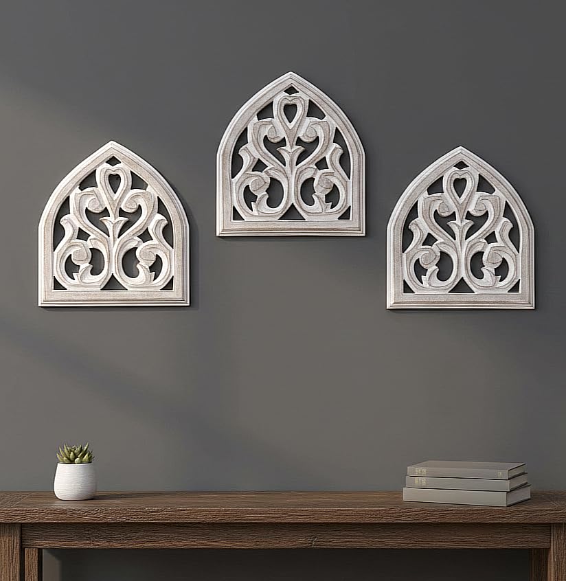 Image of DE KRAFTSMAN Wall panels, CARVED STYLE set of 3 wall decor handcarved antique wall panel decor 24X8 inch (Frost White color) (WHITE BROWN ONIKARA 3)
