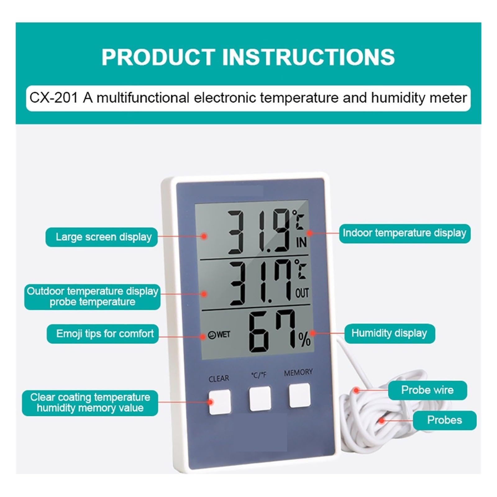 Termoigrometro Termometro Digitale Igrometro Misuratore di umidità della Temperatura Interna ed Esterna C/F Display LCD Sensore sonda Stazione meteorologica
