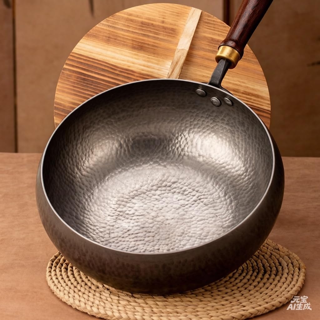 Wok en fer à fond rond et corps profond (non revêtu, antiadhésif)