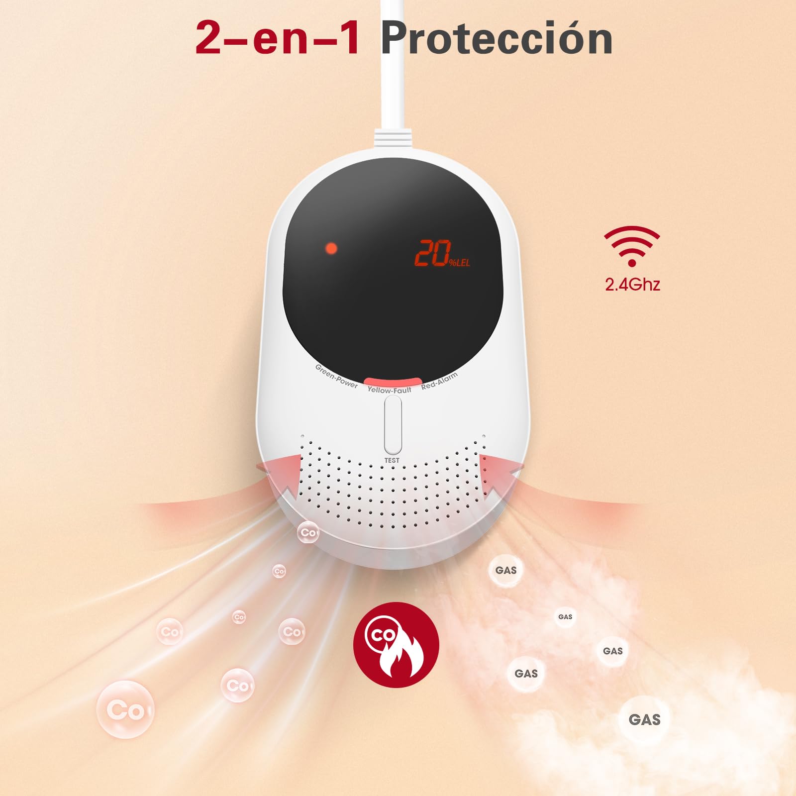 PHYSEN WiFi Detector de Gas y Monóxido de Carbono con Pantalla LED, Certificado EN 50291 y EN 50194, Compatible con Alexa/Google Home App, Detector de Metano y CO para Cocina Cuarto de Caldera, Garaje