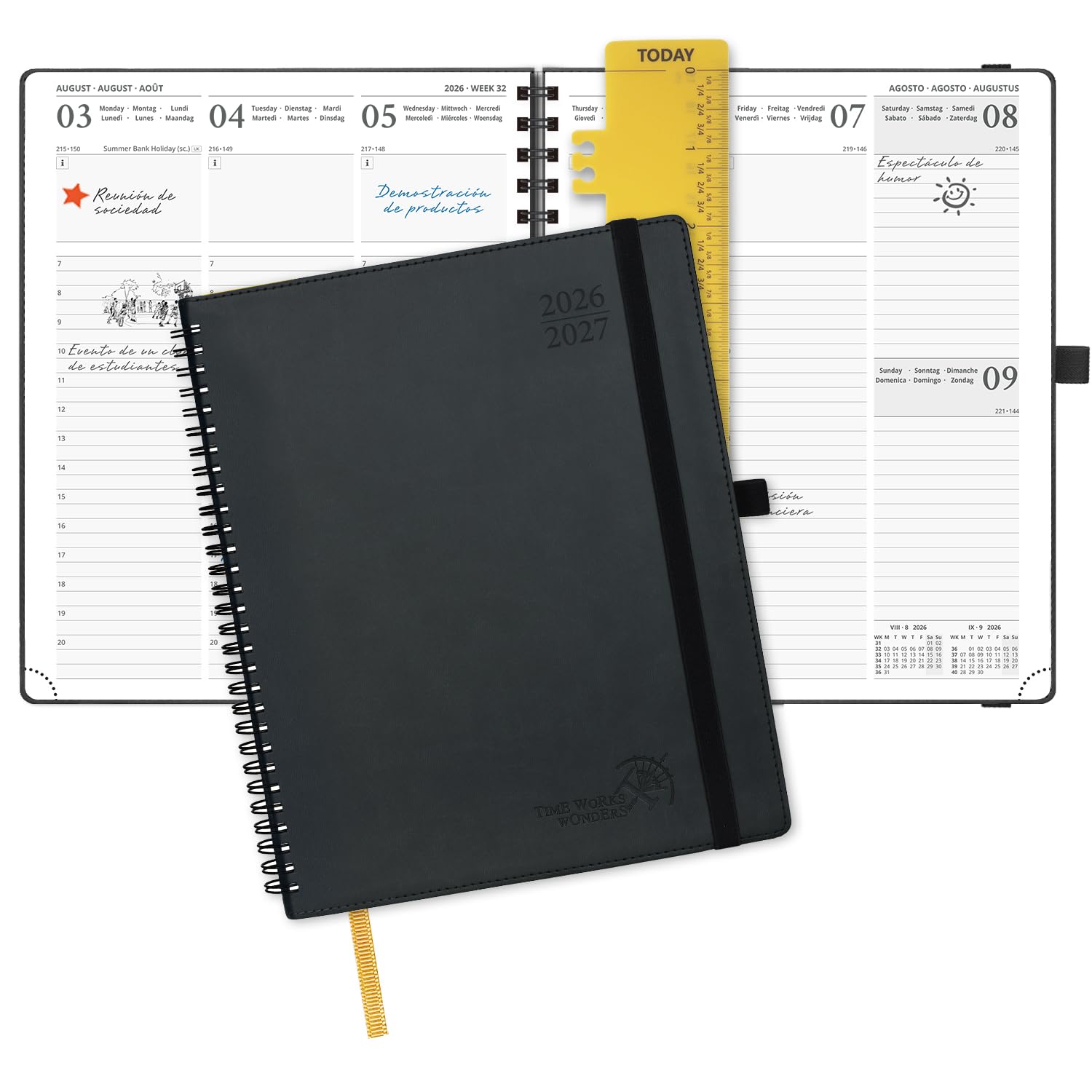 POPRUN Agenda 2026 2027 Semana Vista, Espiral, Grande 26,5 x 21,5 cm