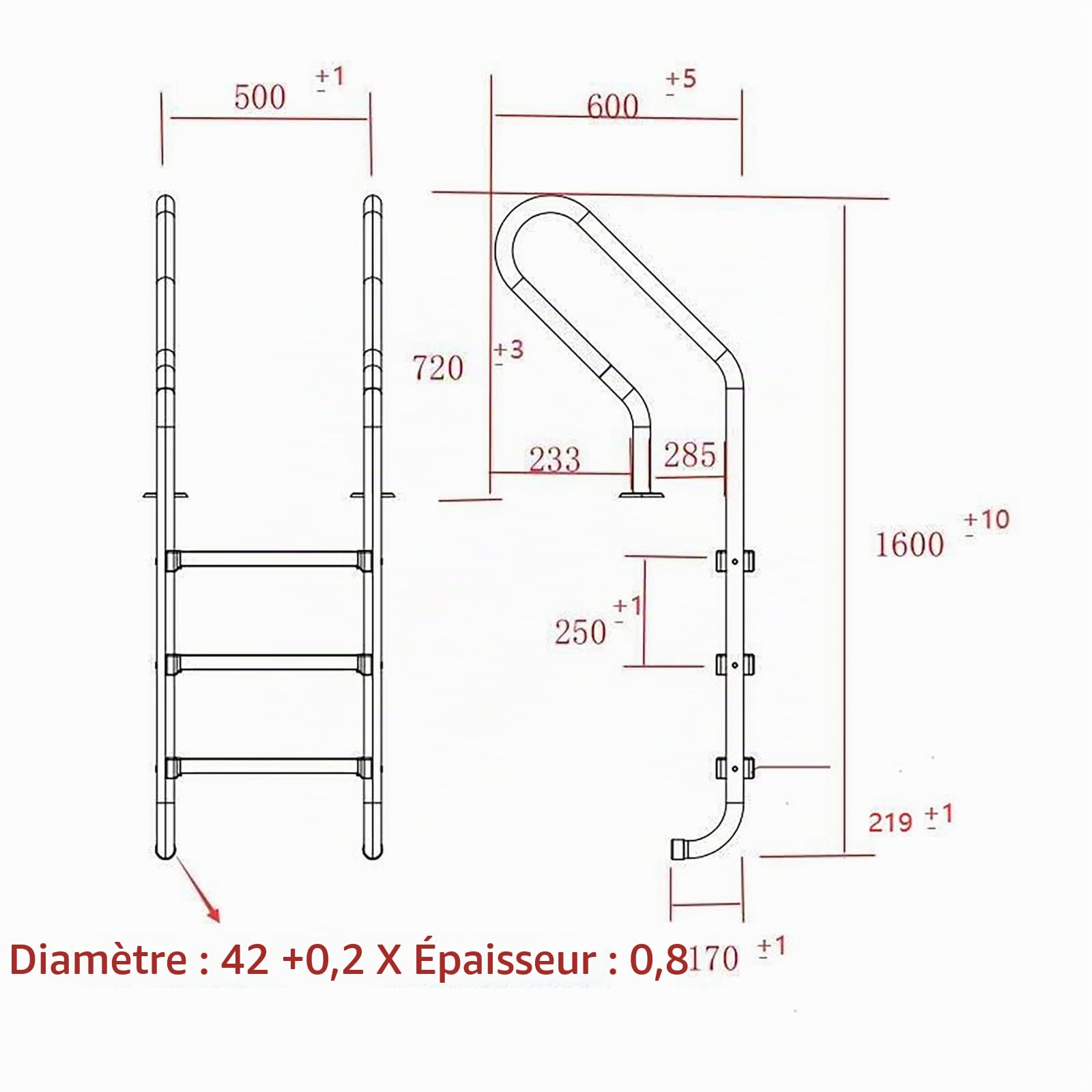 Échelle De Piscine pour Piscine Creusée Enterrée UNI_Pool_Ladder_1600 (Profil Normal, 3 marches, INOX, 180 kg Max)