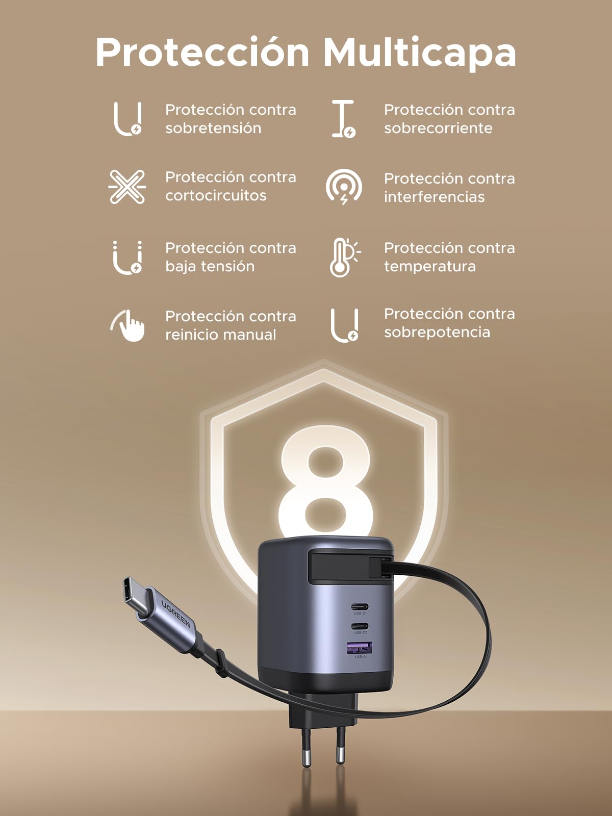 UGREEN Nexode 100W Cargador USB C con Cable Retráctil Carga Rápido | 3 Puertos PD 3.0 PPS 45W Compatible con MacBook Pro Air Galaxy S26 iPhone 17 Pro Max Air 16 15 14 iPad