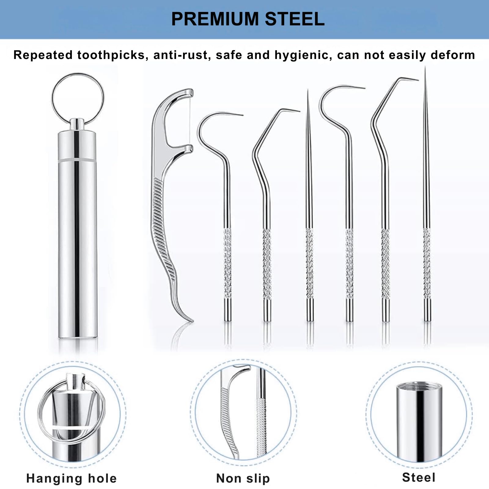 Solitude 7 in 1 Teeth Cleaning Tool Kit | Portable Stainless Steel Dental Tools for Outdoor Camping, Travel, and Braces Maintenance | Toothpicks Pocket Set with 50 Pieces Dental Floss 1